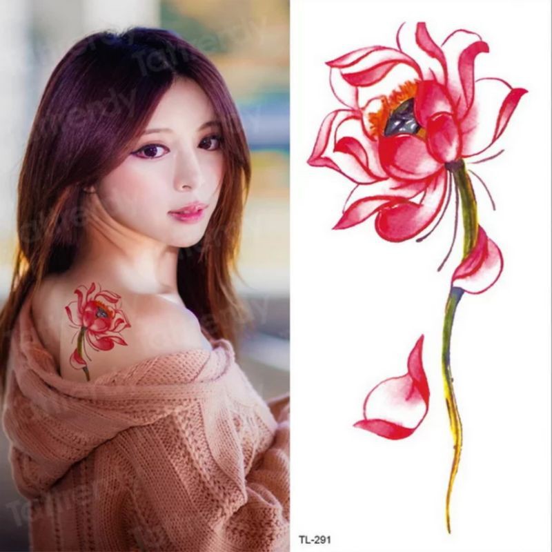 Hình xăm hoa sen đỏ TL291. Tatoo dán tạm thời size vừa 9x19cm