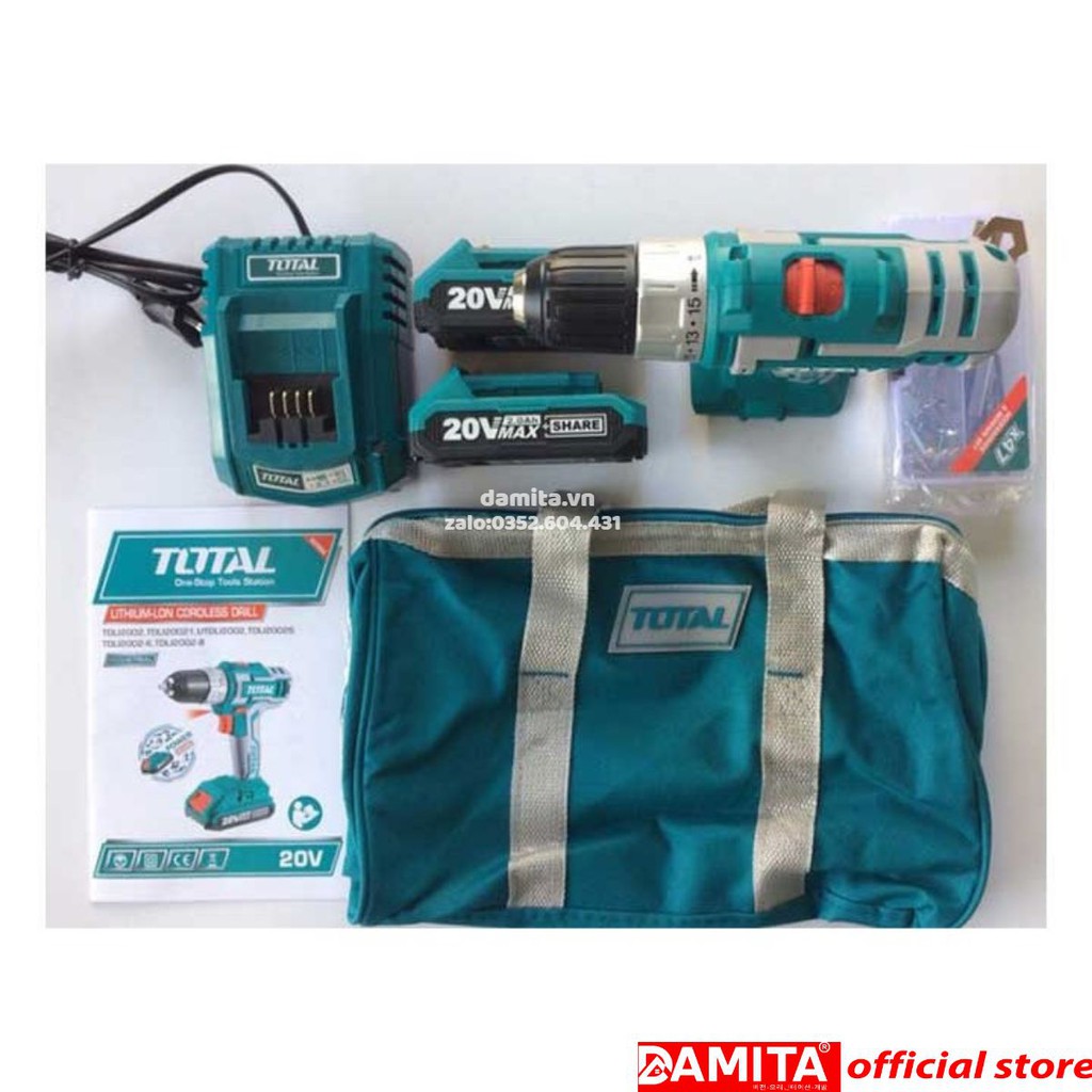 Máy khoan dùng pin Total TDLI2002 - 2 pin Li-ion 20V - kèm 47 phụ kiện