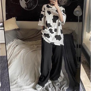 ➰set quần iru đen + áo thun bò sữa