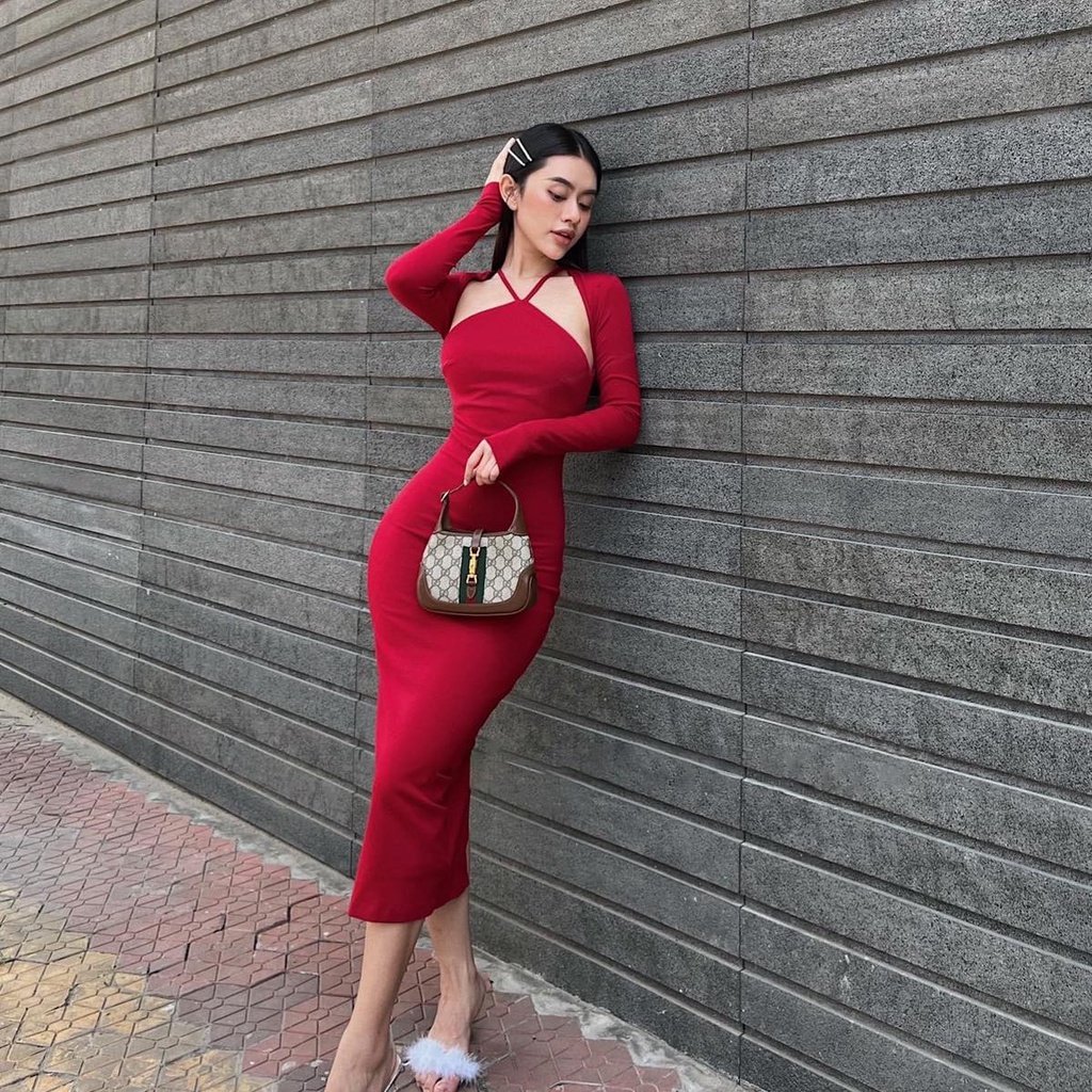 Đầm nữ midi dáng ôm body cổ yếm Emilyshop ulzzang