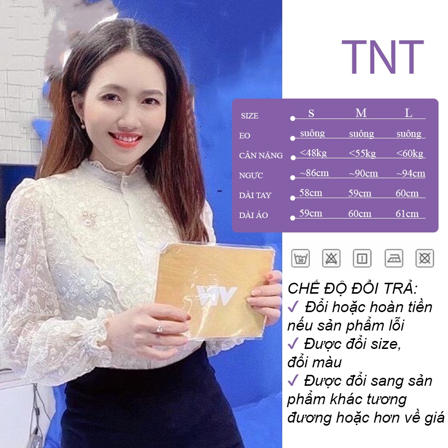 Áo sơ mi nữ ren bèo ngực dài tay đẹp hai lớp dáng suông cổ tròn trắng be đi làm đi chơi TNT