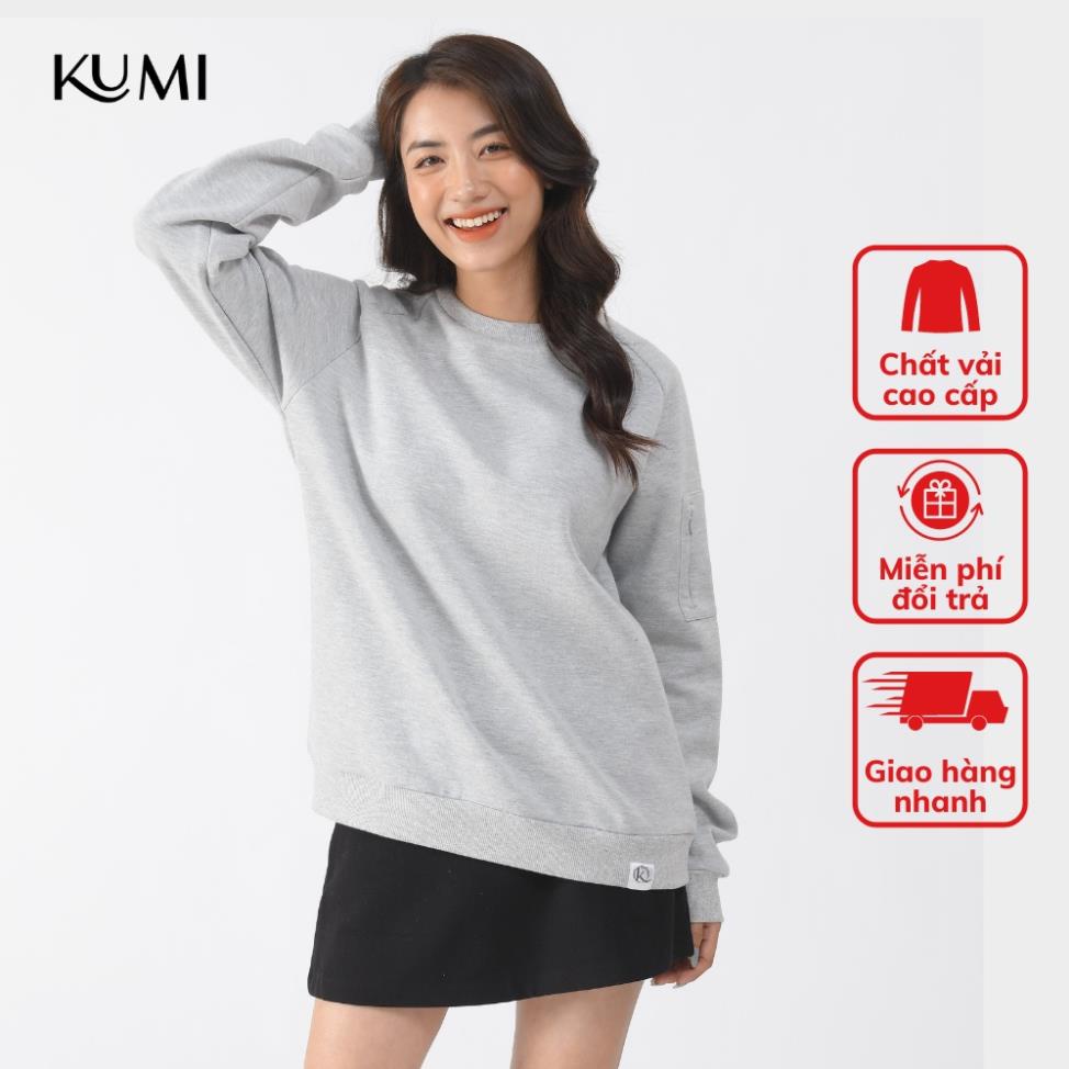 Áo Nỉ Nữ Dài Tay Có Túi Khóa Tay Chất Nỉ Bông Cao Cấp Kumi, Áo Nỉ Nữ Basic Thời Trang Trẻ Trung Năng Động - Ghi