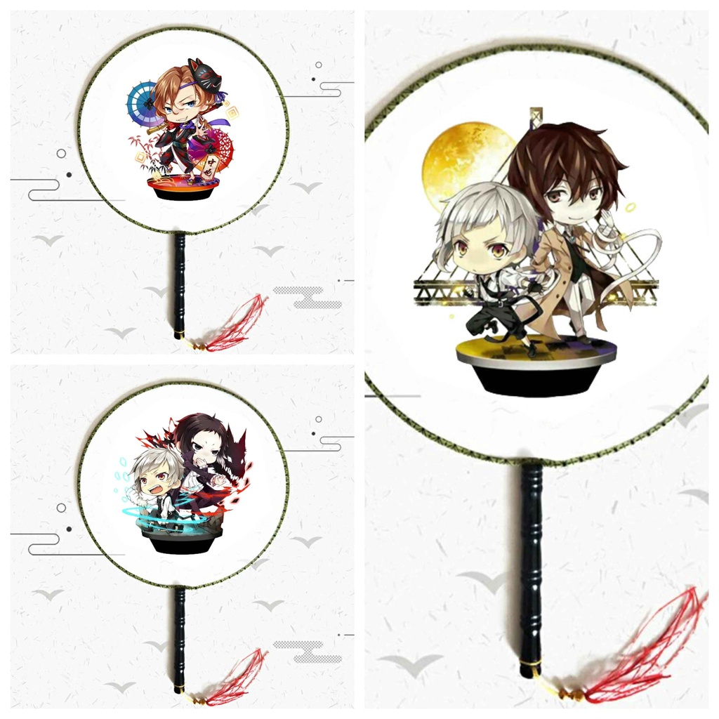 Quạt tròn cổ trang in hình Bungou Stray Dogs chibi anime cán gỗ quà tặng độc đáo xinh xắn