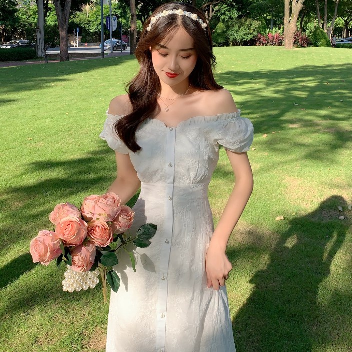 Đầm trắng tiểu thư trễ vai đuôi cá nữ tính ☁️ | BigBuy360 - bigbuy360.vn