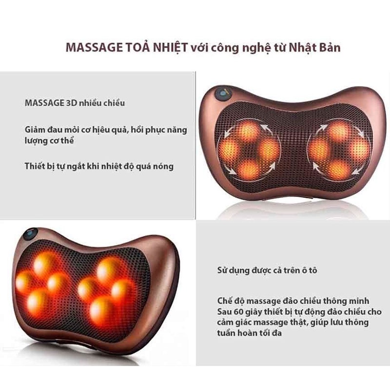 Gối massage hồng ngoại 8 bi cao cấp công nghệ nhật bản, gối massage cổ vai gáy toàn thân, đảo chiều tự động