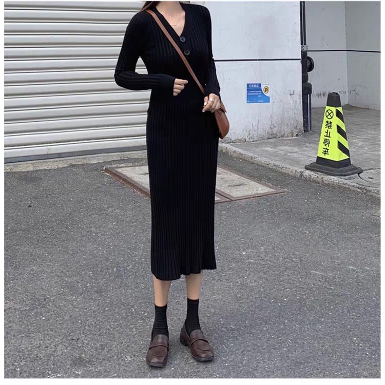 Đầm nữ dệt kim SUXI dáng dài cổ V thời trang mùa thu phong cách vintage