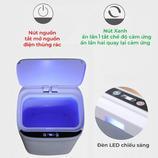 Thùng rác thông minh nắp đóng mở tự động, thùng rác cảm ứng có đèn led dung tích 15L (BẢO HÀNH 1 ĐỔI 1 FREE)