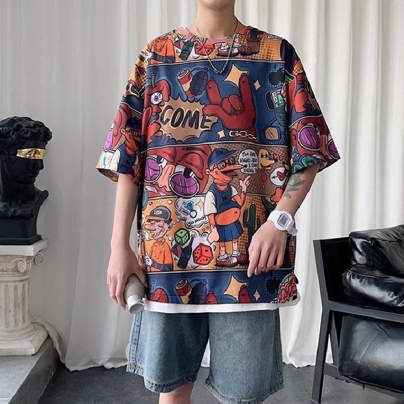 Áo Thun Tay Ngắn Dáng Rộng In Họa Tiết Hoạt Hình Size M-5XL Thời Trang Mùa Hè Cho Nam