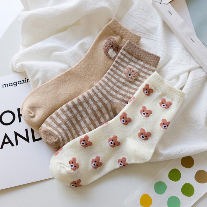 Xiangbao Vớ Cotton Cổ Vừa Họa Tiết Gấu Hoạt Hình Thời Trang Mùa Thu Cho Nữ