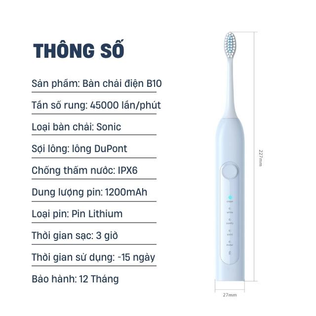 Bàn Chải Điện Đánh Răng Sonic Sợi Dupont 5 Chế Độ Làm Sạch Sâu Sạc Điện Tặng Kèm Chân Đế B10