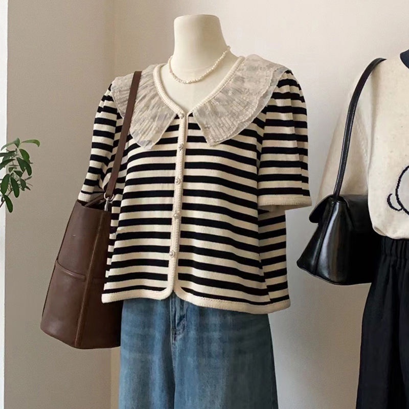 Áo Thun Ngắn Tay Cổ Búp Bê Kẻ Sọc Xinh Xắn Cho Nữ  tao bao