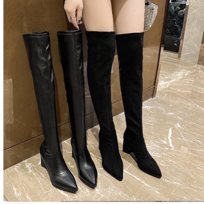 Bốt đùi nữ mũi nhọn da lộn lót lông ôm chân gót cao 7cm không khoá