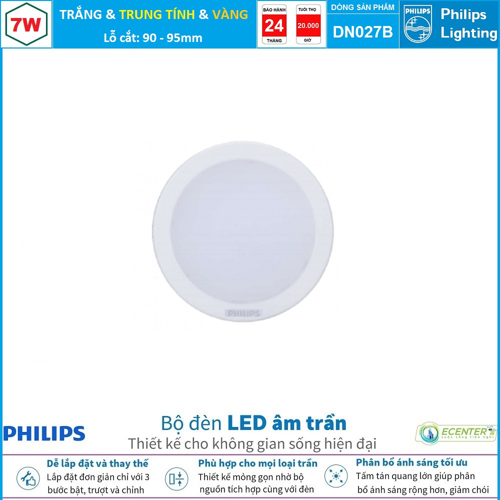 Đèn Led Âm trần 7W Philips Downlight DN027B LED6 D90 ( Ánh Sáng Trắng & Trung Tính & Vàng )