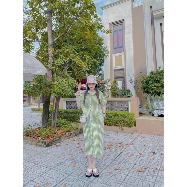 Đầm sơ mi cộc tay phối sọc họa tiết kẻ caro nữ tính