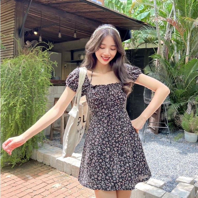 Đâm ANNA - Đầm hoa nhún ngực cột cổ