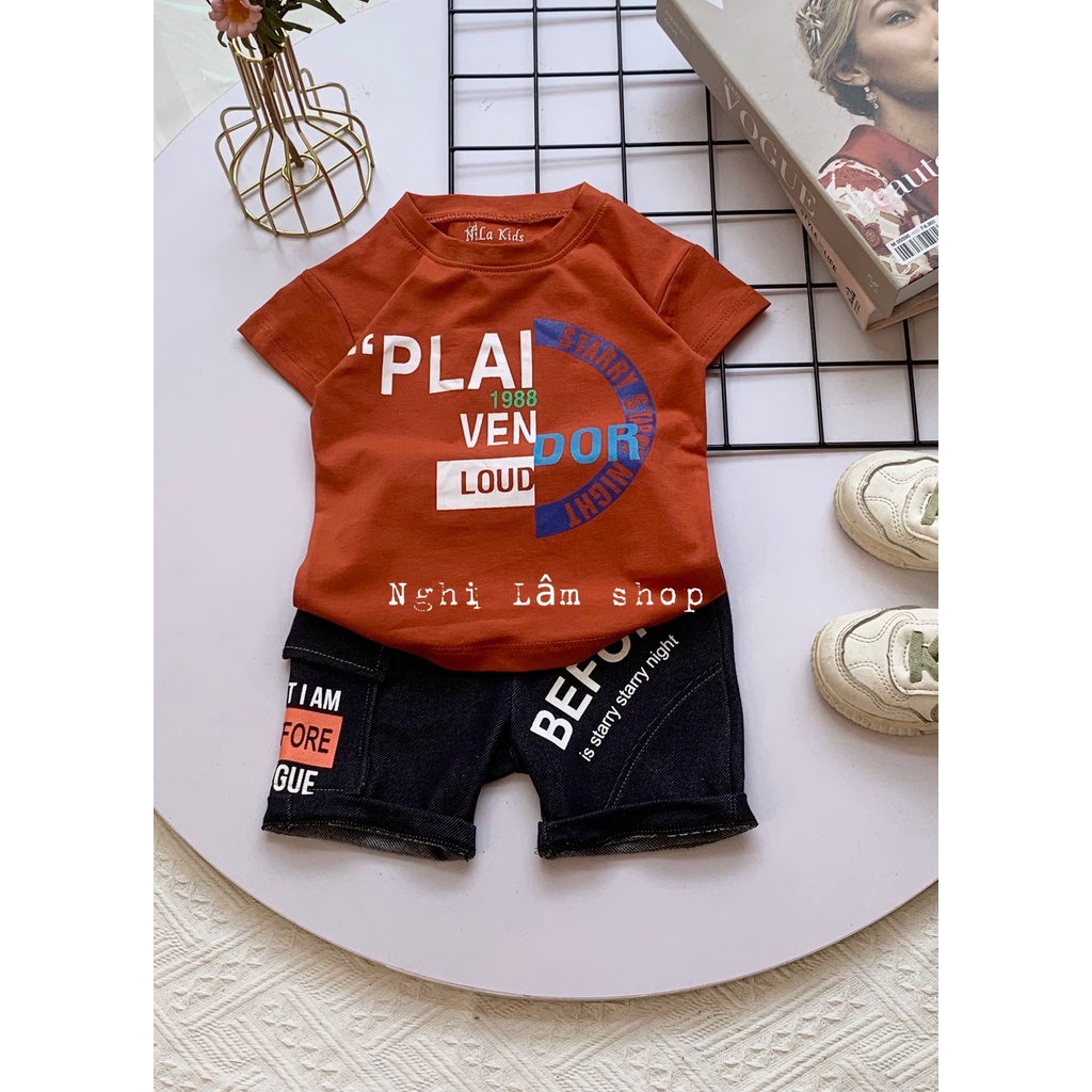 Set Đồ bộ bé trai Áo thun ngắn tay cotton 100% co giản 4 chiều in chữ Dor Quần short thun giả jean cho bé từ 8-36kg