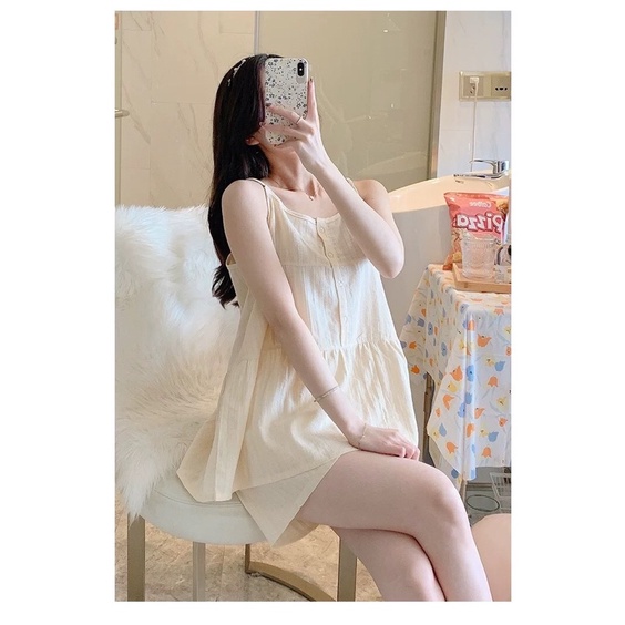 Bộ Đồ Mặc Nhà, Bộ Quần Áo 2 Dây Kiểu Dáng Babaydoll Chât Liệu Thô Dũi Thoáng Mát Chuẩn Size