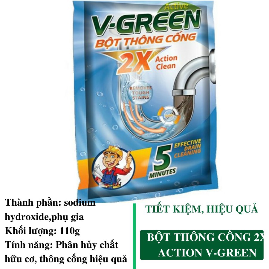 Bột Thông Cống V-GREEN 110G - Thông Tắc Cống, Đường Ống, Bồn Cầu, Bồn Rửa mặt - Xử lý Triệt để cặn bã, chất Hữu Cơ