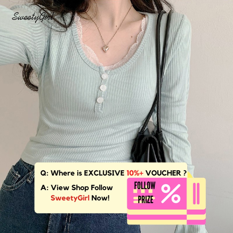 Áo Thun Tay Dài Cổ Chữ V Dáng Ôm Màu Xanh Nhạt Phối Ren Cài Khuy Thời Trang 2022 Dành Cho Bạn Nữ