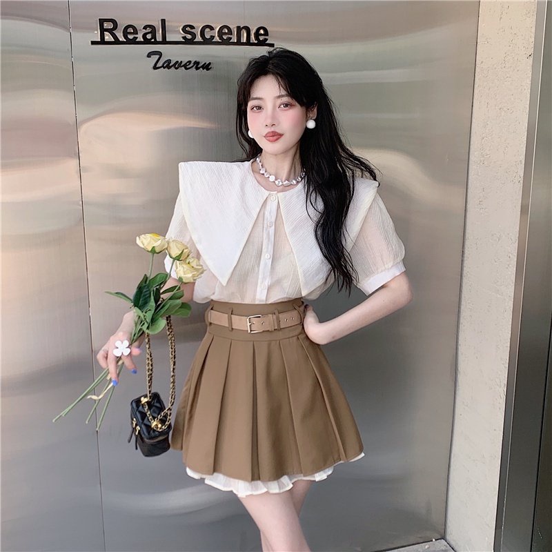 Set đồ nữ - Sét áo sơ mi cổ sen, mix chân váy xếp ly 2 tầng kèm dây lưng nâu cực xinh xắn Chang Bi Shop