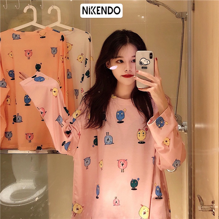 đồ bộ nữ Dài tay mặc nhà form rộng , Bộ Pyjama Nữ Tay Dài Áo Thun + Quần Dài Nikendo CO6