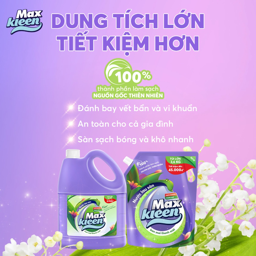 Combo Túi Viên Giặt Xả MaxKleen (34 viên/túi) + Chai Lau sàn MaxKleen Ngàn hoa ngọt ngào 3.6kg/chai