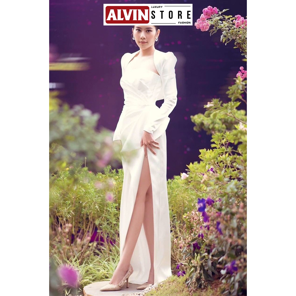 Đầm Dạ Hội Cúp Ngực Tay Dài Nhún Eo Xẻ Đùi Hợp Đi Tiệc Alvin Store 0989