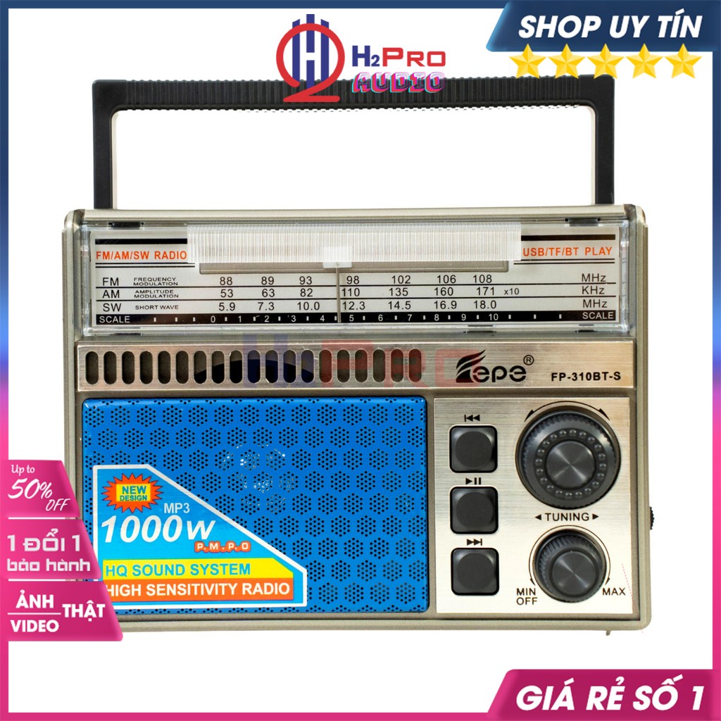 Đài Radio Fm-Am-Sw, Máy Nghe Nhạc Bluetooth Fepe Fp-310BT Usb-TF Cao Cấp, Tấm Sạc Mặt Trời, Quà 50k Pin Sạc-H2Pro Audio