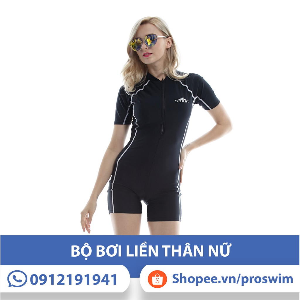 Bộ Bơi Nữ Liền Thân Ngắn Tay Sbart 8046 Đen Chỉ Trắng