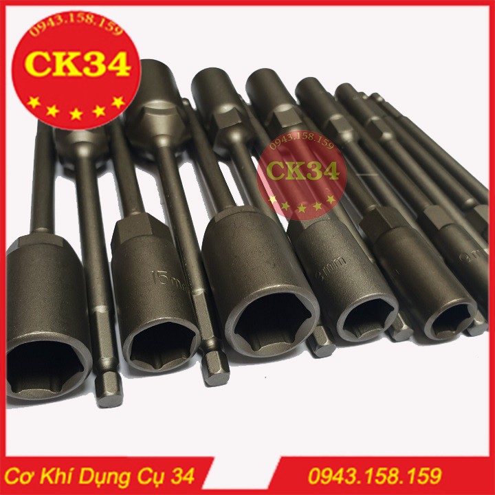 Chụp bulong, tuýp vặn khẩu sâu lòng 6-19mm cho khoan, bắn vít dài 150mm chuôi lục giác 14pc