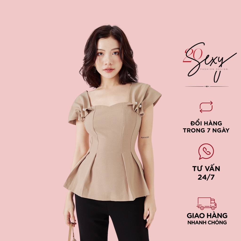 Áo peplum 20sexy by 20AGAIN, sơ mi thiết kế công sở thanh lịch tay nhún đính cúc ASA0852