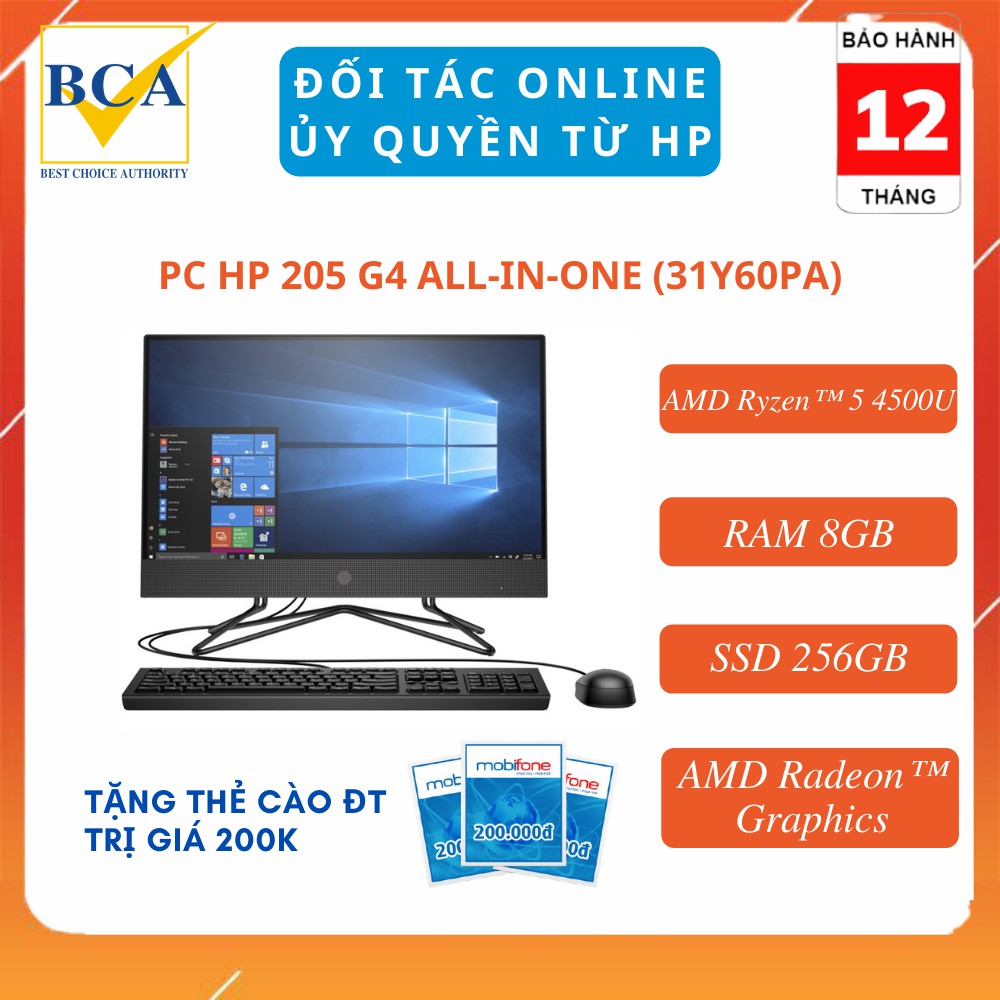 Máy tính để bàn HP 205 G4 All-in-One  (Windows 10/ RAM 8 GB/ SSD 256 GB/ AMD Radeon™ Graphics) - 31Y60PA