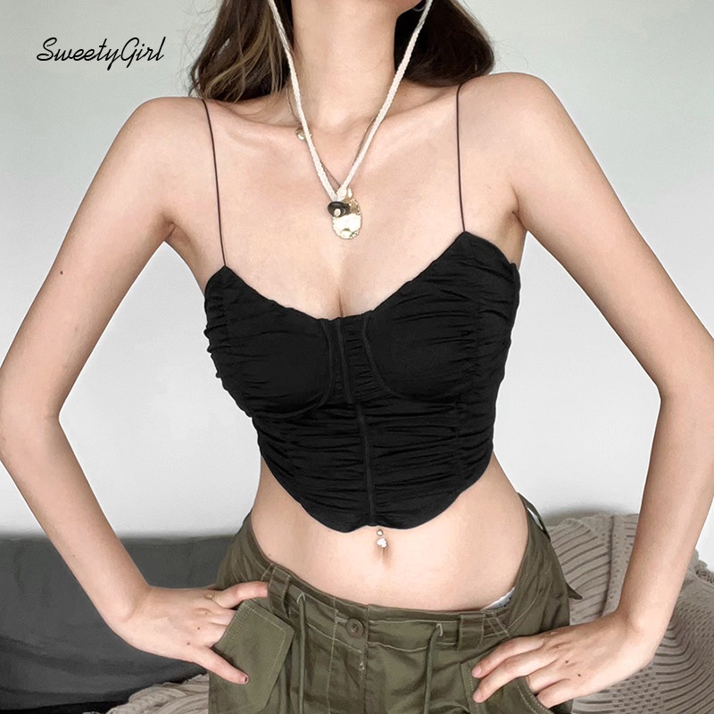 Áo Tank Top Hai Dây Cổ Tròn Khoét Sâu Eo Thấp Màu Đen Trơn Thời Trang 2022 Quyến Rũ Cho Nữ