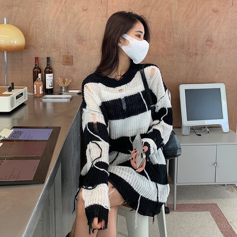 G39. 12. ÁO SWEATER LEN LƯỚI KẺ SỌC PHONG CÁCH CÁ TÍNH