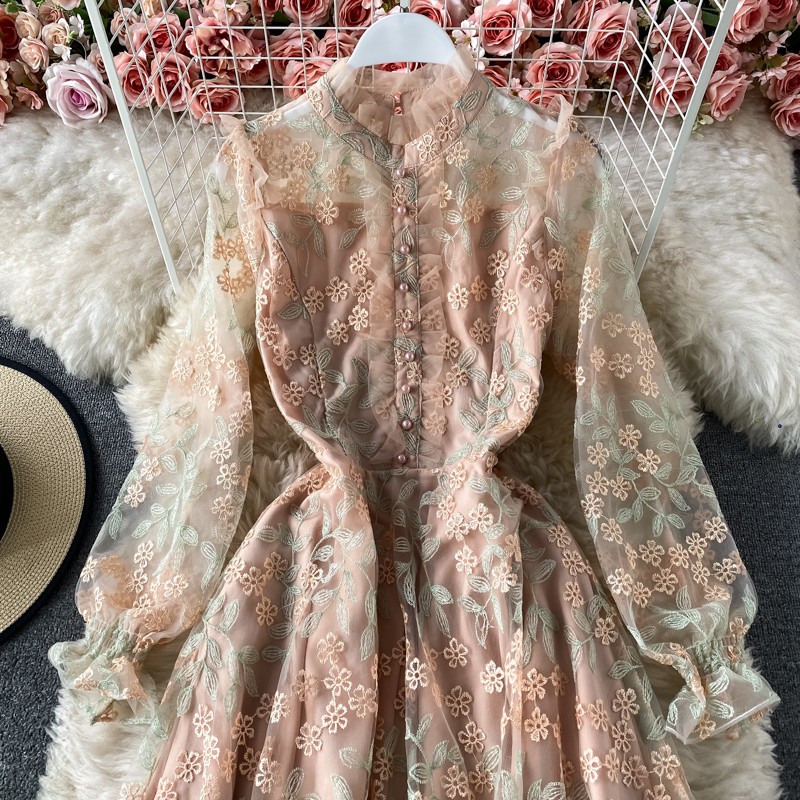 Đầm tay dài dáng suông mix lưới thêu hoa đủ size