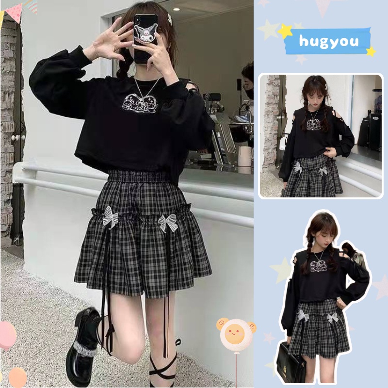 Set Áo Trễ Vai + Chân Váy Ngắn Họa Tiết Sọc Caro Thời Trang Cho Nữ