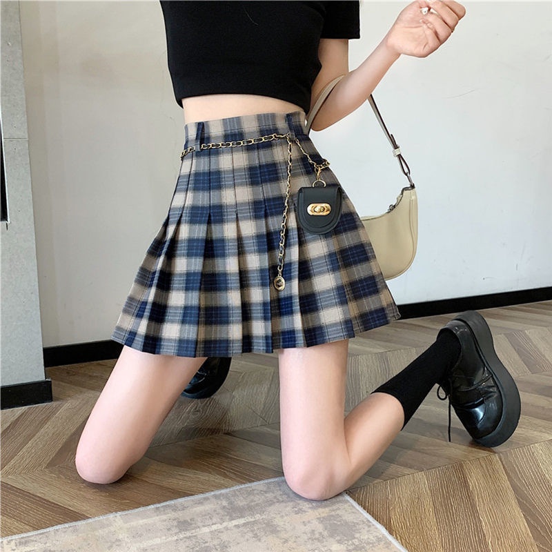 Chân Váy Chữ A Lưng Cao Xếp Ly Họa Tiết Sọc Caro Phong Cách Anh Quốc Thời Trang
