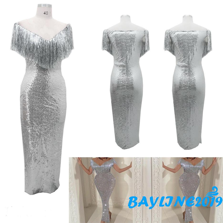 Đầm bó trễ vai cổ chữ V đính kim tuyến lấp lánh phối tua rua sang trọng dành cho nữ