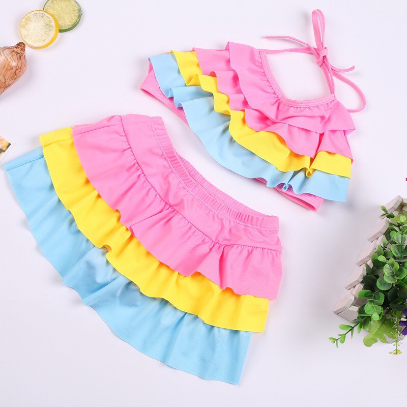 Set Đồ Bơi Bikini Bé Gái Xếp Li Tầng Cầu Vòng