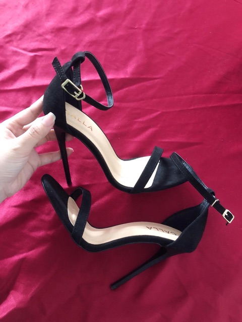 Giày sandal dây mảnh đen da lộn cao 7- 9-12p