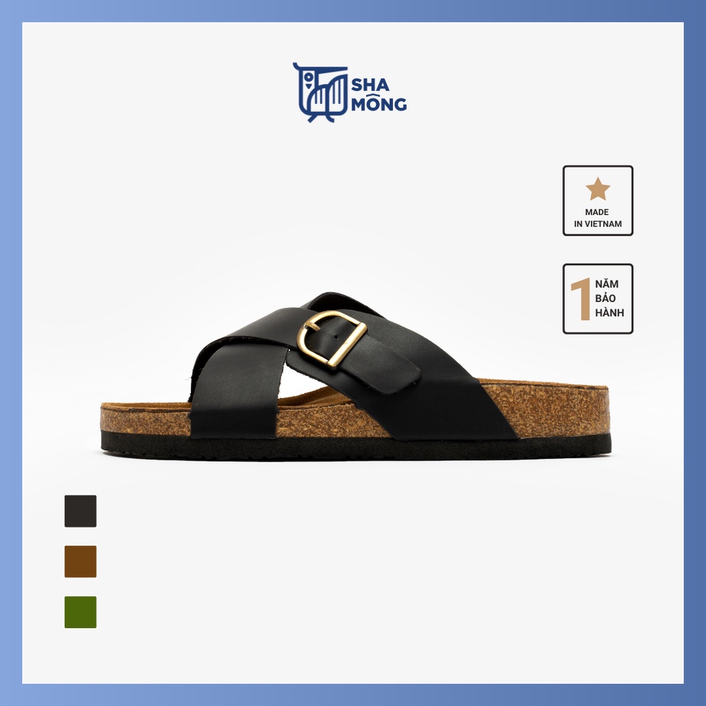 Dép đế trấu quai chéo da thật by Shamong vintage made in Vietnam bảo hành 1 năm mã DDT