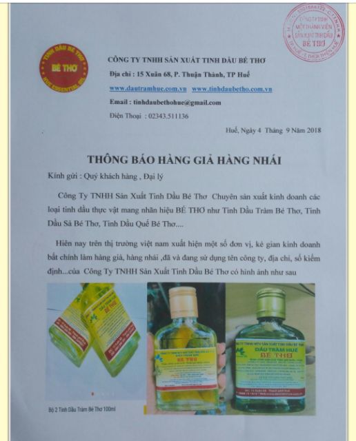 [CHÍNH HÃNG] Dầu tràm nguyên chất Huế, hiệu Bé Thơ loại 1: 50 ml