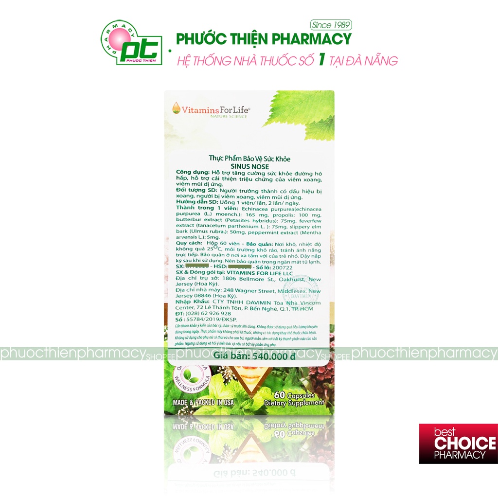 SINUS NOSE Viên uống hỗ trợ viêm xoang viêm mũi dị ứng Lọ 60 Viên - chiết xuất Echinacea, keo ong