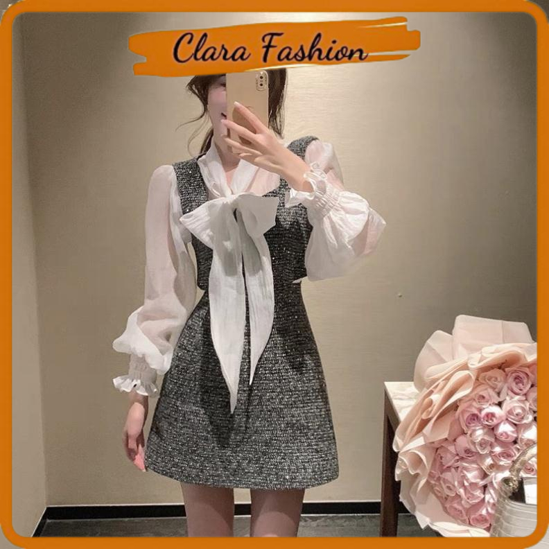 Set Dạ Tiêu 3 Món Áo Sơ mi Kèm Nơ Bản To Mix Áo Gile Yếm Và Chân Có Ảnh Thật Clara Siêu Xinh