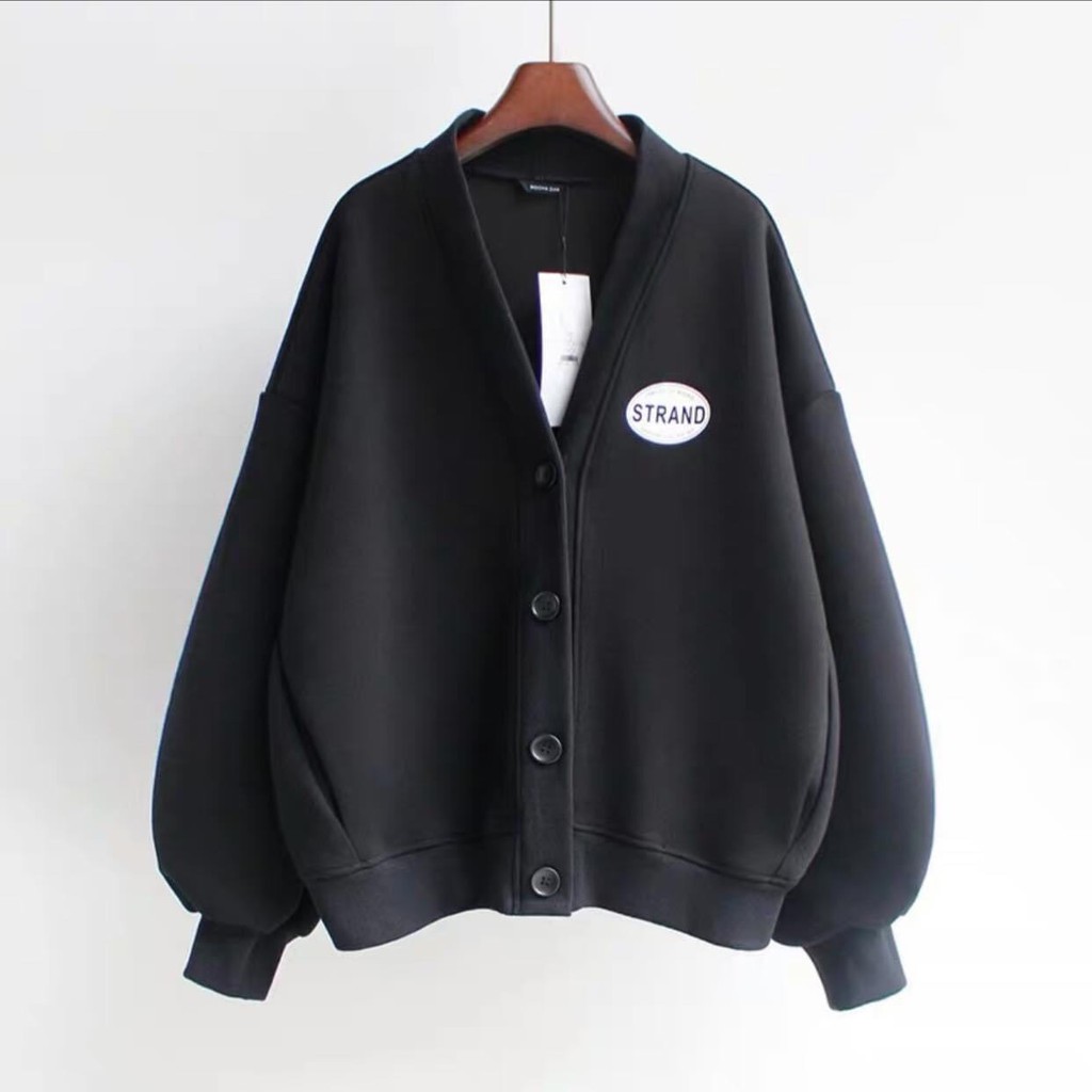 Áo Cardigan Có Khuy Cài Bo Tay STRAND 2 Màu Đen Trắng Dáng Rộng | BigBuy360 - bigbuy360.vn