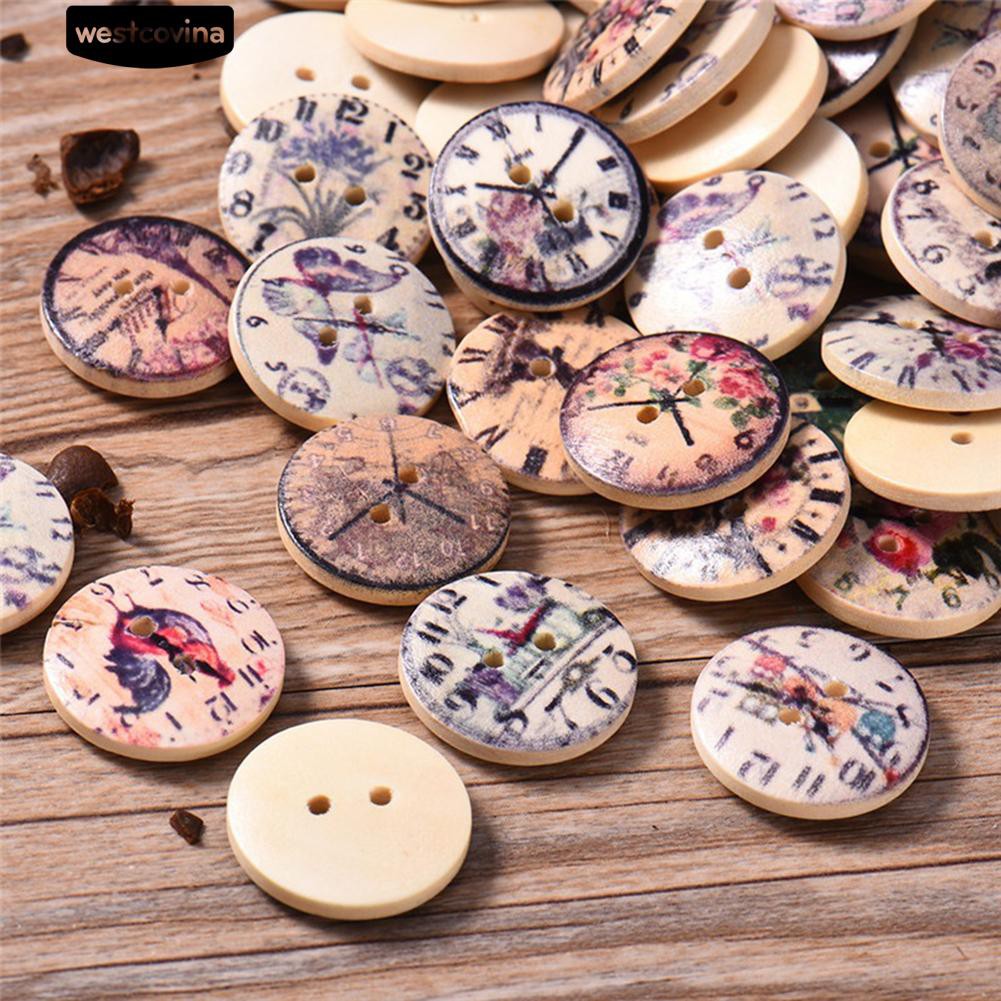 Set 50 Nút Gỗ 2 Lỗ Hình Đồng Hồ Vintage