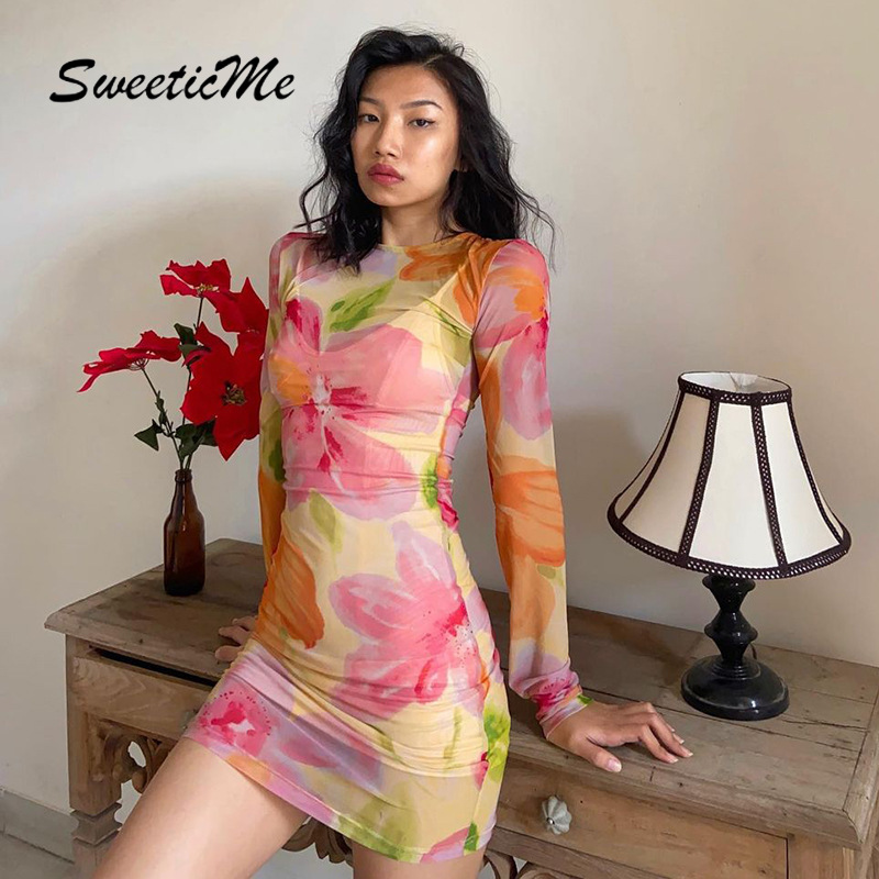 SweeticMe Women's 2021 New Fashion Print Sexy See-through Mesh Round Neck Dress | BigBuy360 - bigbuy360.vn