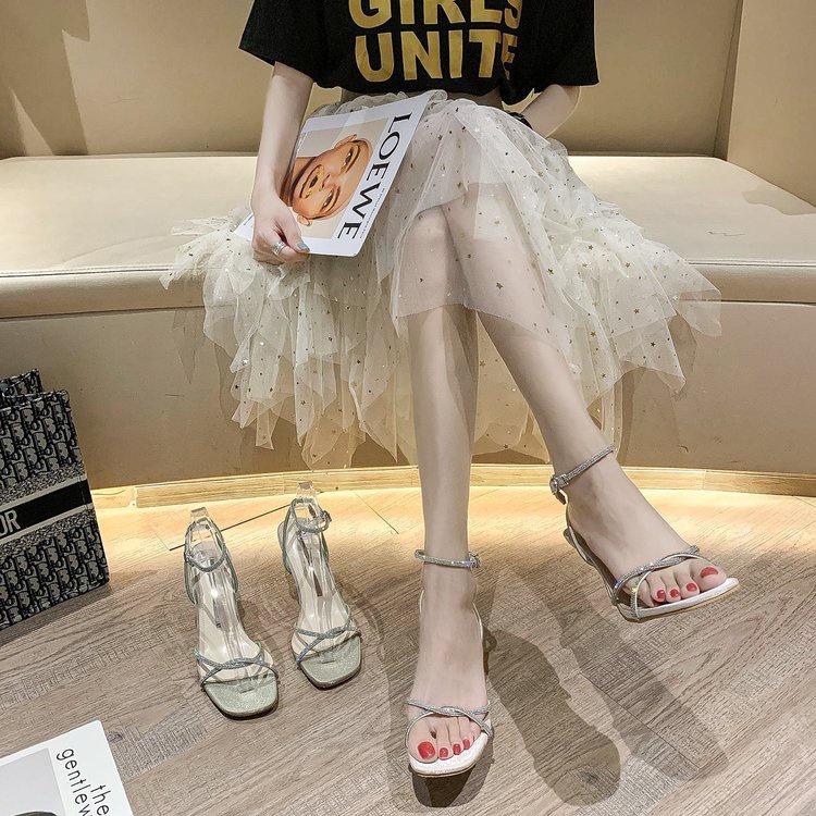 Giày cao gót nữ 9 phân quai đan đính đá Thiên Hương VNXK BP57AT3 Sandal nữ cao gót đế nhọn xăng đan