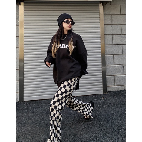 ✼Quần Dài Lưng Cao Ống Rộng Họa Tiết Sọc Caro Phong Cách Hàn Quốc Thời Trang Cho Nữ