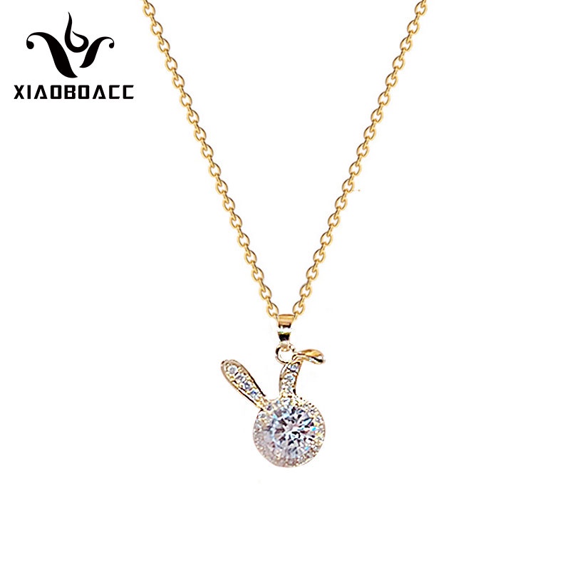 XiaoboACC Vòng Cổ Bằng Thép Titan Phối Mặt Hình Thỏ Đính Đá Zircon Xinh Xắn 38cm+6cm
